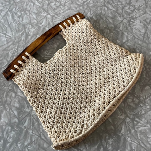 Vintage Crocheted and Lined Handbag Purse w/ Wood Handles - Picture 2 of 3
